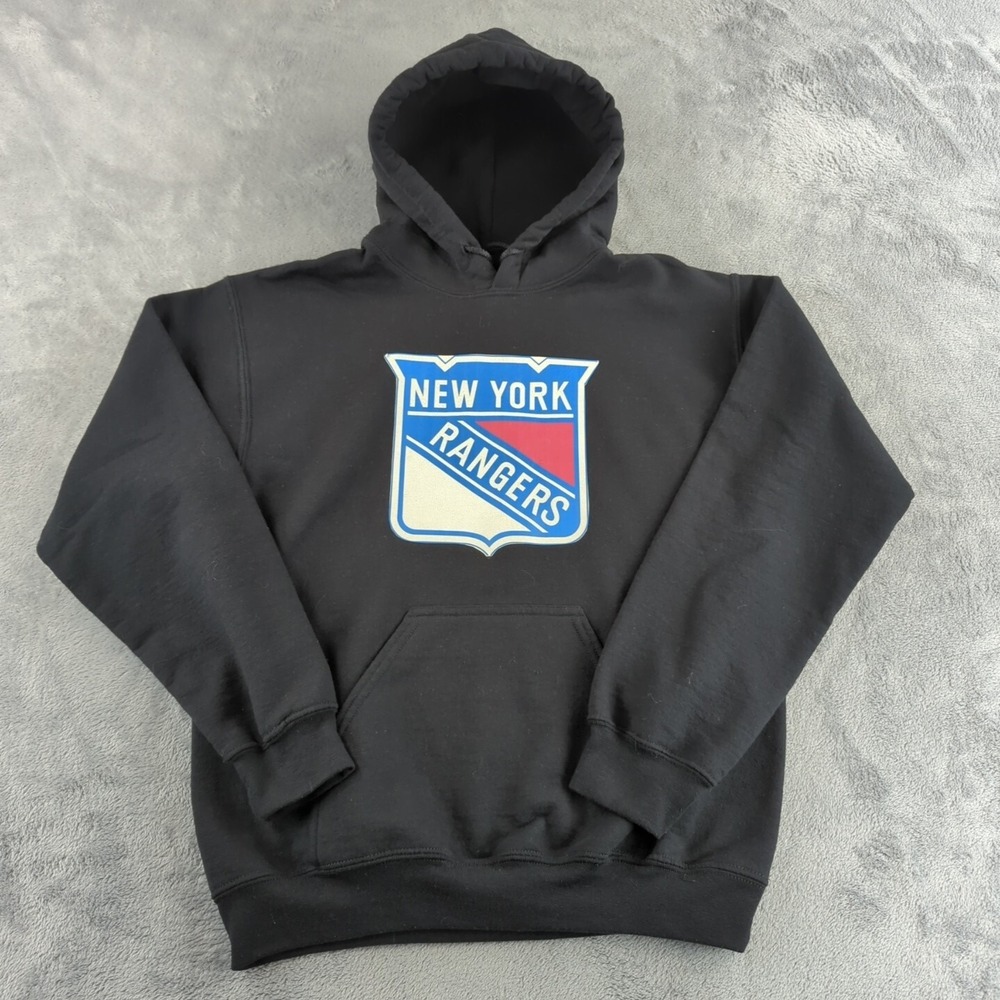 VTG Gildan Hoodie Mens Small‎ Black New York Rangers Pullover Fleece NHL Y2K
